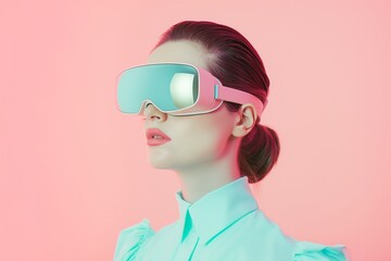 A woman in modern teal clothing wearing a futuristic pink vr glasses against peachy background, depicting the intersection of human and technology in fashion.