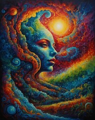 Trippy swirling psychedelic profile of a womans face surrounded by abstract flowing twisting rainbow of vibrant colors