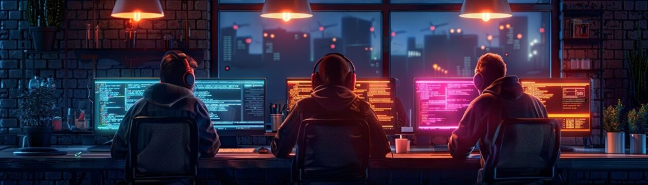 A team of developers at a tech startup working late into the night, coding and testing a revolutionary new app