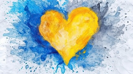 Vibrant Abstract Watercolor Painting of a Yellow and Blue Heart on a White Background