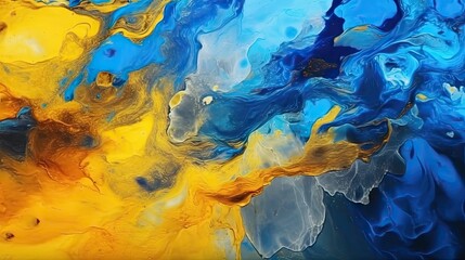 Vibrant Abstract Art of Liquid Blue and Yellow Paint Mixing Elegantly