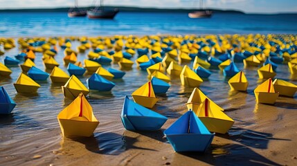Colorful Blue and Yellow Paper Boats on a Sunlit Beach with Serene Sea and Boats in the Background