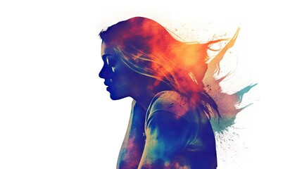 Artistic Representation of a Woman in Profile with Colorful Watercolor Effects