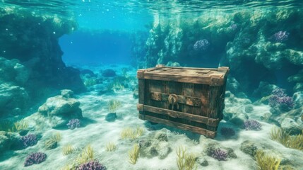 Mysterious Wooden Treasure Chest Under the Crystal Clear Ocean Waters