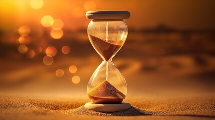 Golden Hourglass on Sandy Surface at Sunset Captures the Flow of Time
