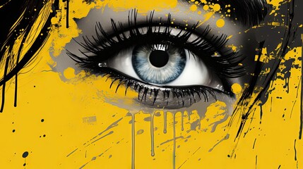 Striking Eye Art with Black and Yellow Abstract Paint Splatters on Canvas