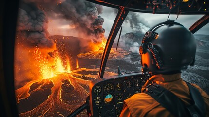 Volcanic eruption viewed from a helicopter, a daring aerial perspective capturing nature's raw power