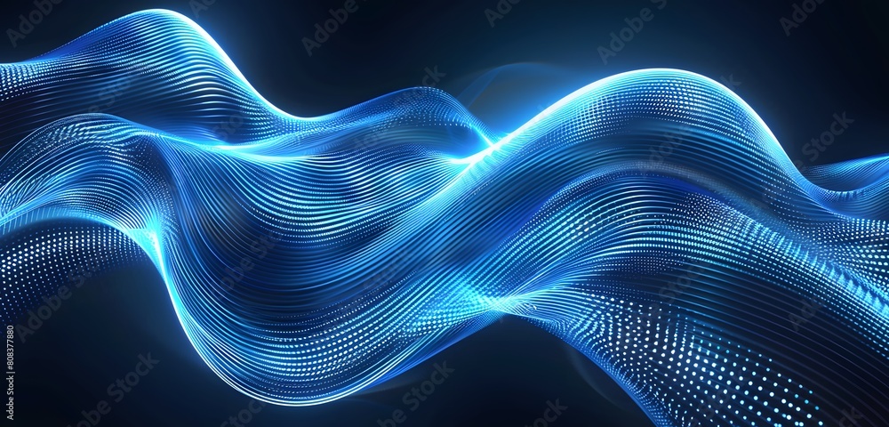 Sticker glowing blue lines undulating across a dark background, high-tech wave pattern