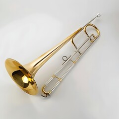 Classic trombone with shiny gold finish and detailed slide mechanism on white background