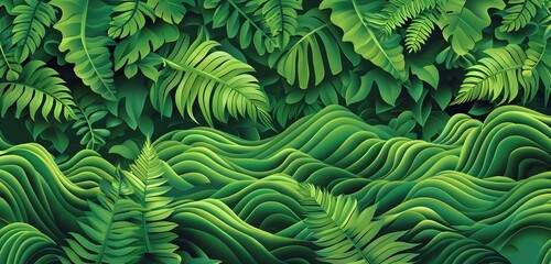 Rich green jungle with layered waves and lush leaves, undulating landscape