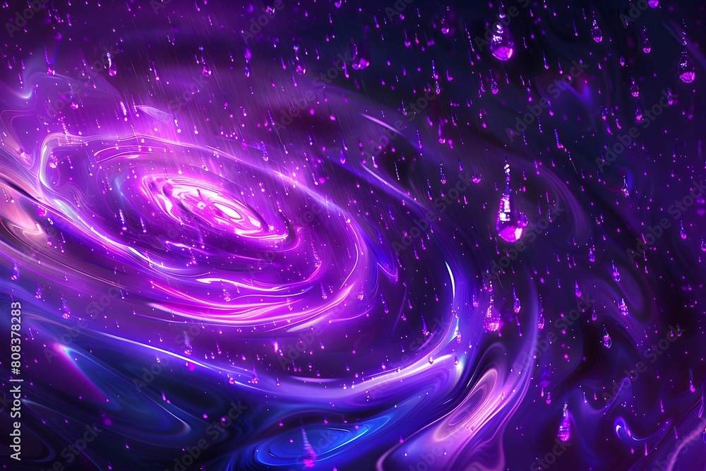 Wall mural dynamic swirl of neon purple with floating raindrops and scattering of sparkles against dark backdro