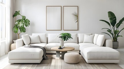 Scandinavian interior design of modern living room with green plants white sofa coffee table wall art