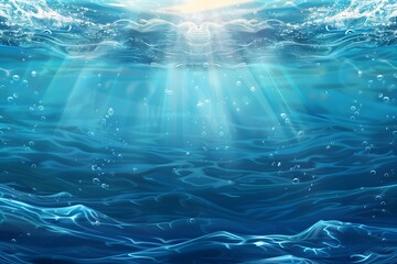 Underwater view showing beams of sunlight filtering through the water, illuminating the gentle waves above