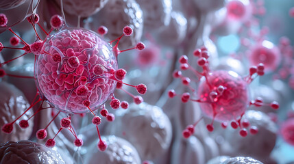 detailed view of pink cancer cells clustered together symbolizing oncology and medical diagnostics
