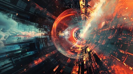 Fototapeta premium a futuristic tunnel with a bright orange light coming out of it's center and a black background with a red and blue swirl..
