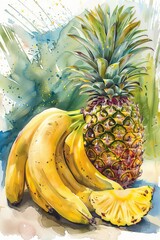 Cute watercolor of a bunch of bananas next to a sliced pineapple, the bright yellows and tropical greens in oil-painted strokes