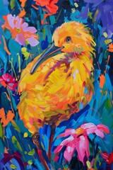 Dynamic oil painting of a curious kiwi bird among flowers, bold brushstrokes and bright colors making the scene lively and inviting