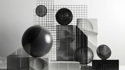 Collection of strange wireframe geometrical shapes and black figures, inspired by brutalist modern art, rendered in monochrome