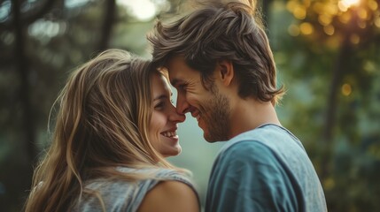 a man and a woman are smiling together in the woods