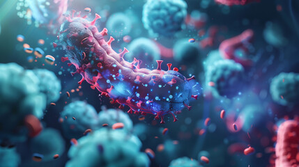 Microscopic view of viral infection, vivid blue and pink hues illustrate the dynamic interaction of virus and cells.
