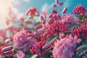 Vivid depiction of pink medicinal capsules on flowering plants, blending natural and pharmaceutical elements in a surreal concept.
