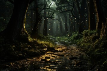 Fototapeta premium Enchanted forest with glowing fireflies