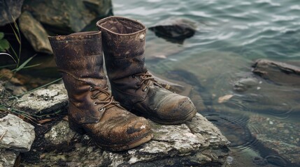 A pair of boots is drifting in the fluid water, surrounded by natural landscapes of soil, plants, trees, and rocks. It seems like a mysterious event AIG50