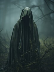 Mysterious hooded figure in dark forest