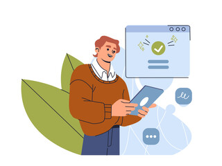 A smiling man with a tablet and a check mark on a screen symbolizing task completion, vector illustration isolated on a white background.
