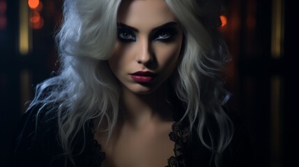 Dramatic portrait of a woman with striking makeup and platinum blonde hair