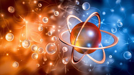 Illustration of an atom with orbiting electrons, representing the fundamental particles of the universe in vibrant colors.

