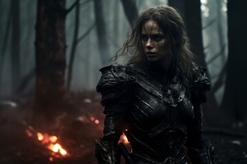 Mysterious warrior woman in dark forest