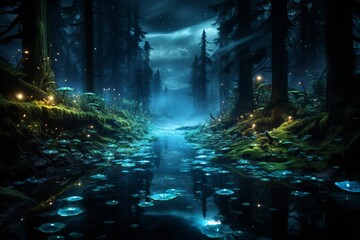 Enchanting Nighttime Forest Landscape with Glowing Mushrooms and Fireflies