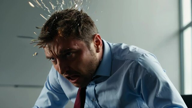 Man in a business shirt tie exploding head. The concept of mental overload, busyness, stress at work, brain drain