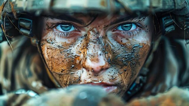 Modern military soldier wearing protective helmet during war and combat.