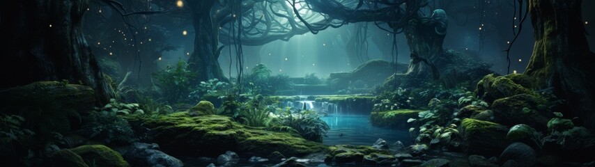 Enchanted forest landscape with glowing fireflies and waterfall