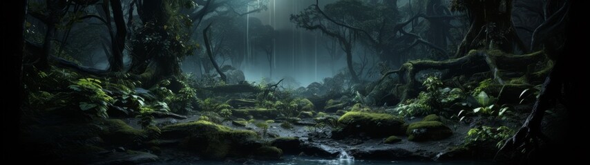 Enchanted forest landscape with waterfall