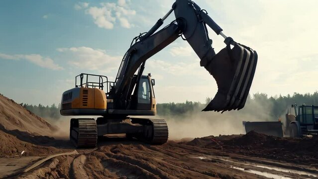 excavator at a construction site on a background of new buildings