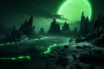Surreal alien landscape with glowing green moon