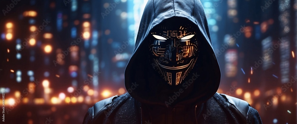 Poster anonymous hacker, surrounded by a network of glowing data. cybersecurity, cybercrime, cyberattack