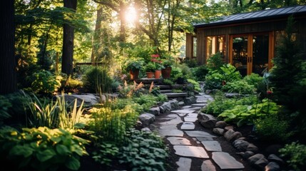Fototapeta premium Serene woodland garden path with stone steps and lush foliage