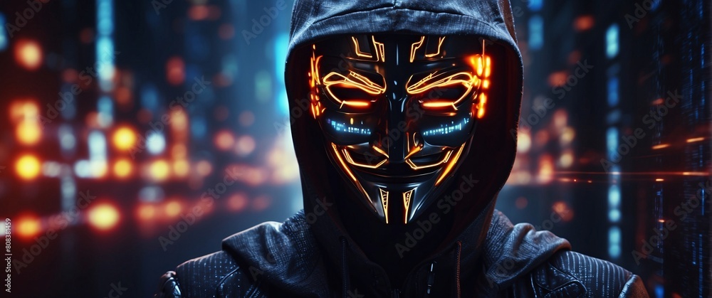 Poster anonymous hacker, surrounded by a network of glowing data. cybersecurity, cybercrime, cyberattack