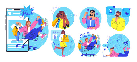 Online shopping and E-commerce concept. Sales, orders, delivery, online payment, loyalty program. People engaging in shopping activities with digital elements. Set of isolated vector illustrations