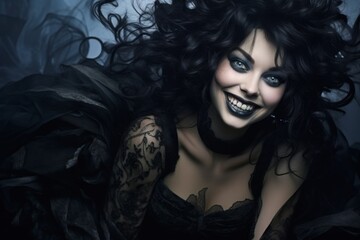 dark and mysterious woman with gothic makeup and curly black hair