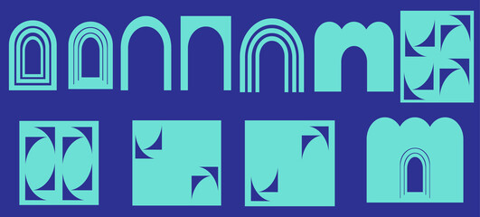 A set of abstract geometric shapes and icons, symbols, patterns. Modern flat drawing.  illustration highlighted on a blue background