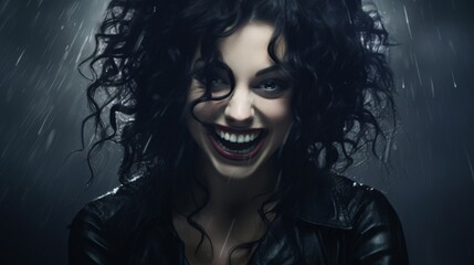 Smiling woman with curly dark hair in the rain