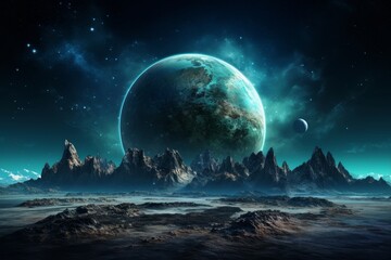 Alien planet landscape with giant moon