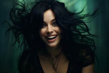 Joyful woman with flowing dark hair