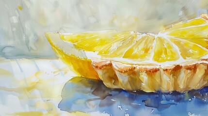 Watercolor and oil painting mix depicting a close-up of a lemon tart with bright, glossy fruit, its citrusy yellow shining against a soft background