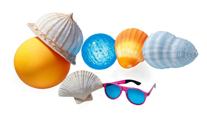 Fototapeta premium Collection of Summer Holiday Accessories, Isolated on Background, Beach Items for Swimming and Relaxation,